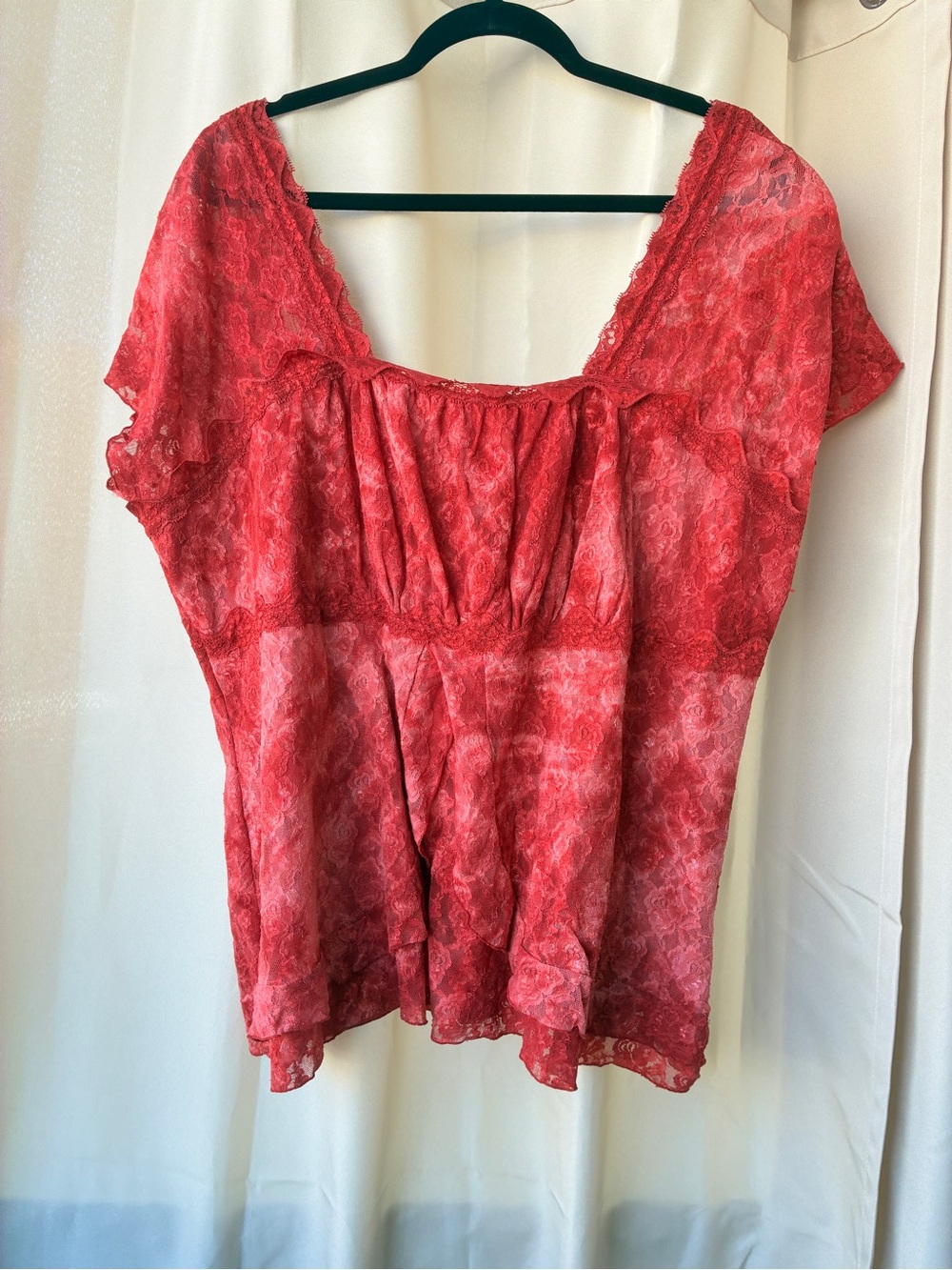 Vintage Y2K Size 22/24 Venezia Stretch Mesh Lace Babydoll Top Pink Red
